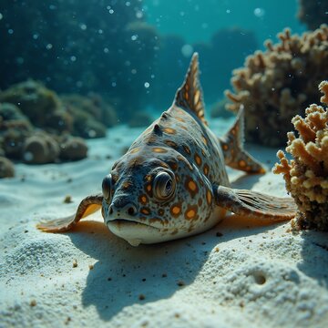 Batfish Resting on Sun Drenched Tropical Seafloor Near Coral