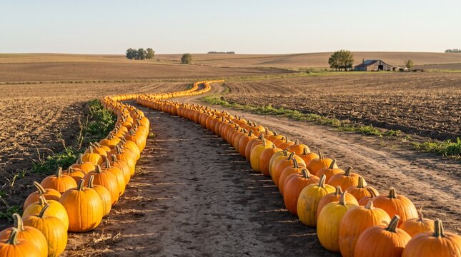 Pumpkin harvest in Argentina, Pumpkins Lined Along A Farm Path In Broad Countryside, Autumn Farm Produce, Fresh Seasonal Agriculture, Clean Commercial Stock Photo, Copy Space