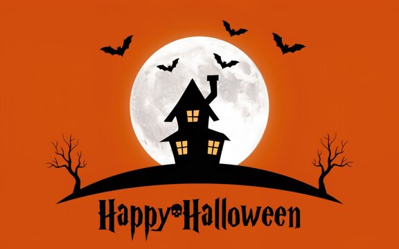 Happy halloween illustration with haunted house and bats under full moon