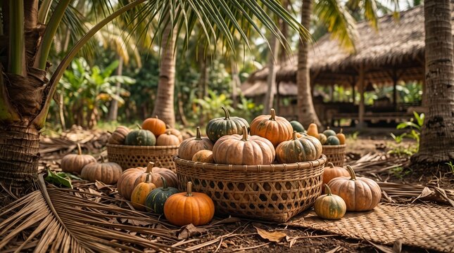Pumpkin harvest in Indonesia, Pumpkins Collected Under Palm Shade On A Small Farm, Autumn Farm Produce, Fresh Seasonal Agriculture, Clean Commercial Stock Photo, Copy Space