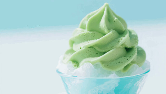 Green tea matcha soft serve shaved ice dessert with creamy texture and summer refreshing vibe