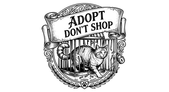 adopt don't shop, cat adoption, black and white cat, svg, humane society, animal rescue, vector art, printable illustration
