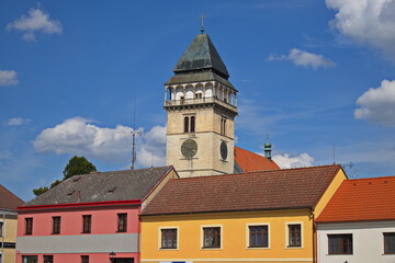 Obraz premium Lookout tower of the Church of Saint Lawrence in Dacice, South Bohemian Region, Czech Republic, Europe 
