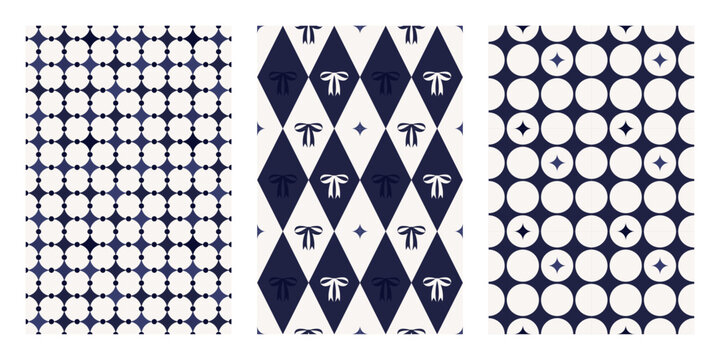 Festive navy blue seamless pattern with stars and bows set. Holiday print for wrapping paper, textile and fabric. Christmas or birthday repeat background. Vector illustration collection
