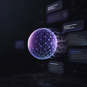 Futuristic AI Chatbot Interface with Glowing Digital Network Sphere, Artificial Intelligence Assistant, Conversational AI, Machine Learning and Communication Technology