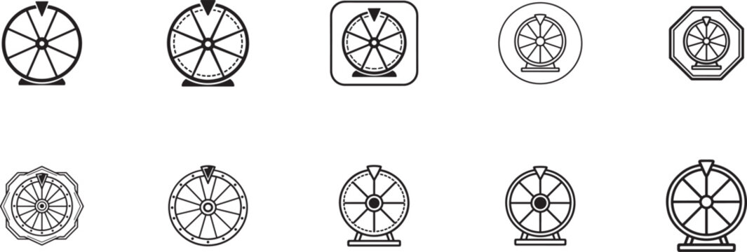 Modern black fortune wheel icon set. Editable vector symbols for luck, prize, game and chance concepts.