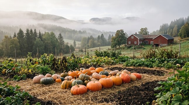 Pumpkin harvest in Norway, Pumpkins In A Small Northern Farm Garden With Misty Hills, Autumn Farm Produce, Fresh Seasonal Agriculture, Clean Commercial Stock Photo, Copy Space
