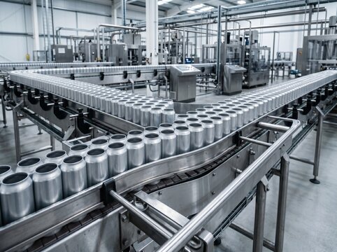 Aluminum beverage cans on rapid production line for packaging industry concept