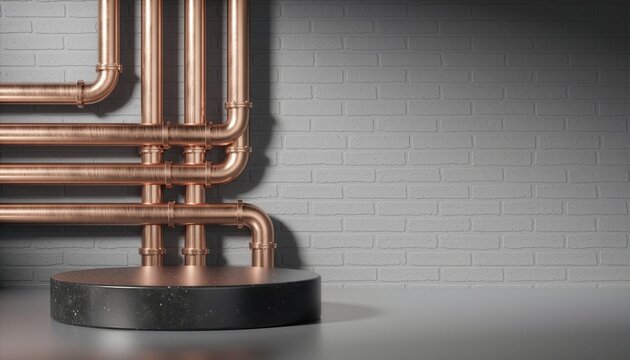Minimalist urban industrial 3D stage with concrete and copper backdrop