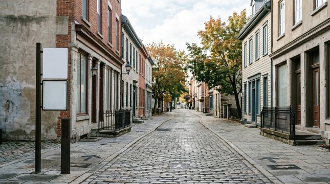 Heritage district street with historic facades and walking route markers
