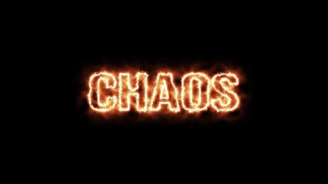 Fiery Chaos Text Burning Brightly Against Black Background. Glowing neon sign with the word chaos.