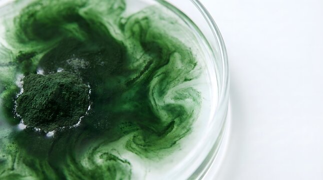 Spirulina Powder Swirls: A vibrant green spirulina powder dissolves into water, creating mesmerizing swirling patterns in a clear glass dish. A close-up.