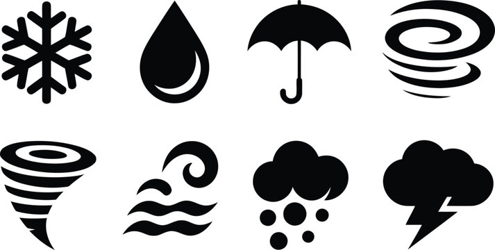 Black weather icons set including snowflake rain umbrella wind tornado wave cloud storm