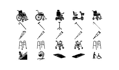 Fototapeta premium Mobility aid icons black and white vector collection