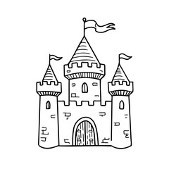 Fototapeta premium Fairy tale castle with three towers and flags, hand drawn medieval fortress sketch. Simple line art royal palace with arched gate and crenellations. Kingdom building doodle.