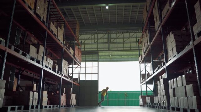 Wide view of a modern warehouse with tall storage racks filled with cartons and a worker walking through the distribution center. Industrial logistics, inventory storage, fulfillment, and supply chain