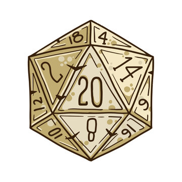 D20 dice colored, twenty sided polyhedral game dice beige tan. Tabletop rpg board game gambling luck chance random number generator. D20 dice
