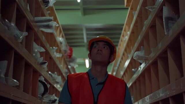 Warehouse employee wearing a safety helmet and reflective vest inspecting inventory inside warehouse storage shelves. Logistics operations, inventory control, stock management, and industrial workplac