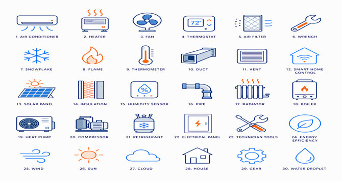 HVAC and climate control line icons, 30 heating ventilation and air conditioning vector elements, smart home energy efficiency symbols in EPS format