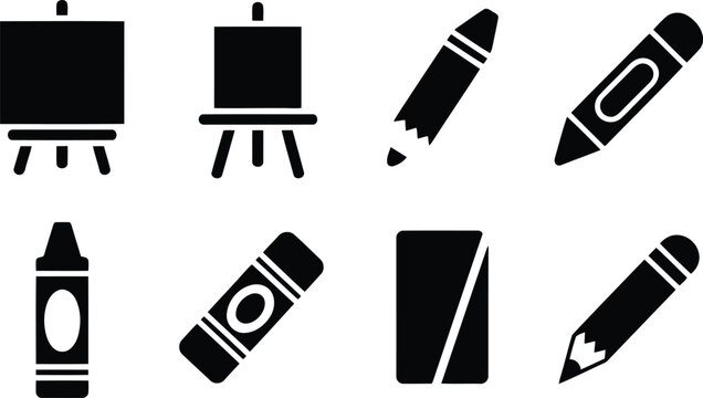 Set of black art and drawing supply icons including easels pencils and wax crayons