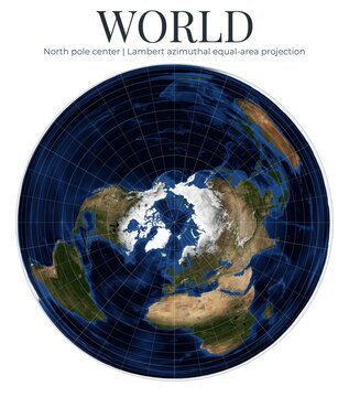 World Map. North pole center. Lambert azimuthal equal-area projection. High-detail physical Earth map. April View. Elements of this image furnished by NASA.