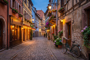 Obraz premium Pixelated european city street with bicycle and buildings