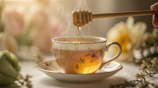 A steaming cup of tea with honey being drizzled from a wooden dipper, surrounded by soft floral decorations.