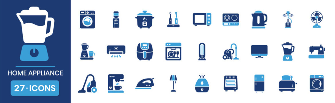 Home Appliance Pictogram Style Fill Icon Set For Household And Kitchen Designs