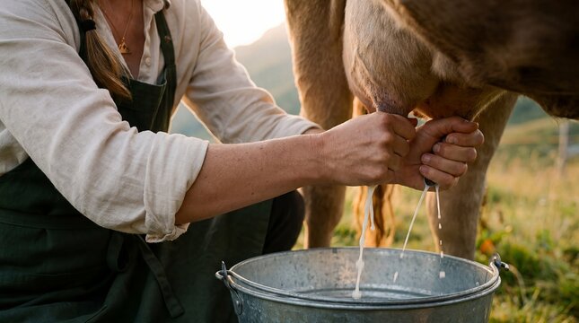 fresh milk straining hands alpine cheesemaking morning dairy craft showing strong hands filtering warm milk into a metal pail for rural food production traditional skills and farmstead dairy concepts