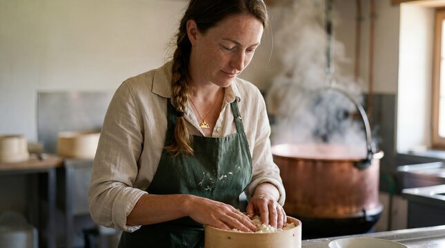 fresh curd pressing hands cheesemaker alpine dairy cheese preparation showing a woman shaping curds near a steaming copper vat for handmade food production and farmstead culinary branding