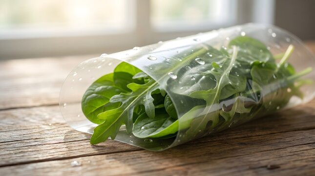 Fresh Greens in Packaging: A clear plastic package holds a bundle of fresh, crisp green leaves, likely a mix of spinach and arugula, glistening with water droplets on a rustic wooden surface.