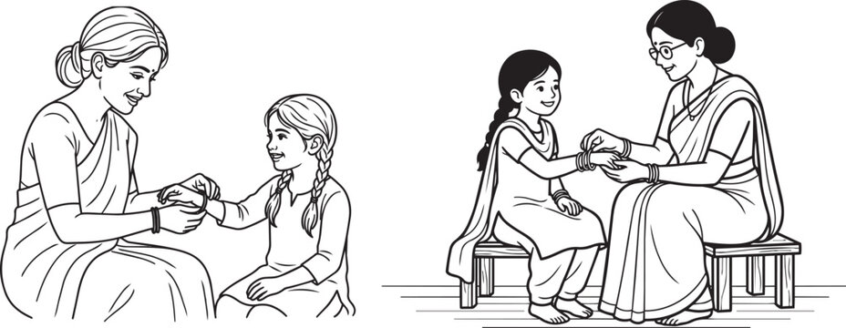 Elderly woman helping young girl wear bangles in traditional Indian setting illustration depicting culture and bond between grandmother and grandchild.