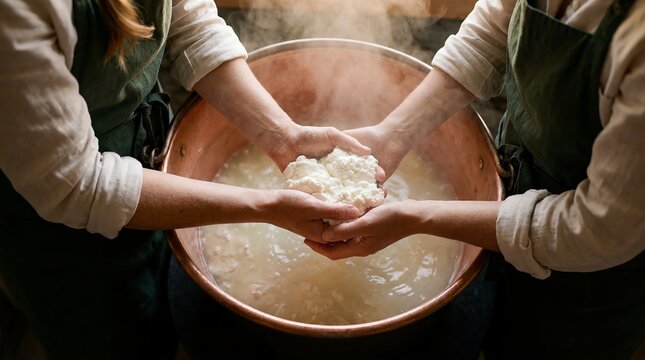 alpine cheese making hands curds whey copper vat tradition showing fresh curd passed between hands over a steaming kettle for heritage dairy craft and farmstead food production stories