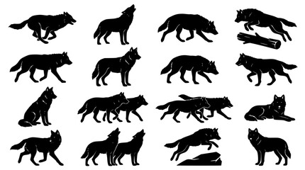 Wolf black silhouette collection with howling running stalking jumping and lying wild predator animal icons isolated on white vector © AlviAhmed