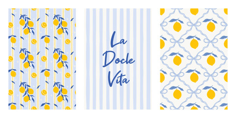 Italian Summer seamless pattern set. La Dolce Vita poster. Hand drawn blue irregular striped background with lemons. Repeat print for wrapping paper or textile. Vector illustration © accogliente