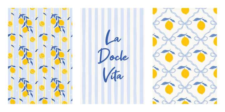 Italian Summer seamless pattern set. La Dolce Vita poster. Hand drawn blue irregular striped background with lemons. Repeat print for wrapping paper or textile. Vector illustration