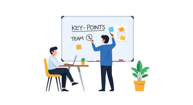 Business Team Brainstorming and Planning on Whiteboard in Office Workspace. Professional Illustration of Coworkers Discussing Strategy, Key Points, and Project Management.