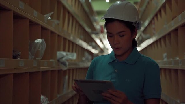 Female warehouse employee wearing a safety helmet using a digital tablet while checking inventory on storage shelves. Warehouse management, logistics, stock control, digital inventory system, and supp
