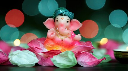 Fototapeta premium Celebration of Ganesh Chaturthi With Colorful Idol and Flower Setup