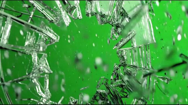 Shards of glass shattering against a green screen background