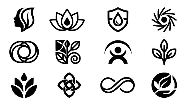 Minimalist wellness and organic beauty logo design elements set with lotus flower leaf profile profile infinity and sprout icons vector