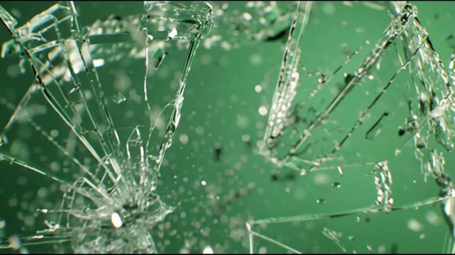 Glass panel shattering and exploding on green screen background