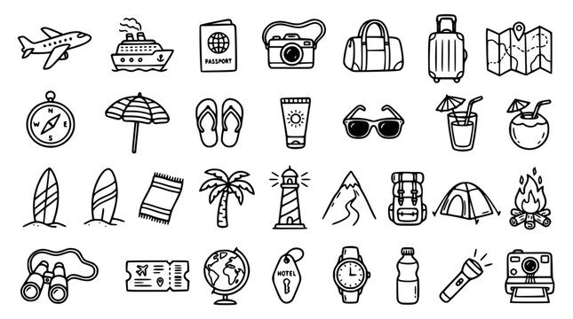 Summer beach vacation and outdoor adventure camping line icons set with travel luggage cruise airplane and map vector