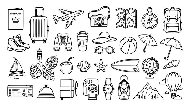 Travel and summer vacation doodle line icons set with luggage plane map camera passport and beach elements vector