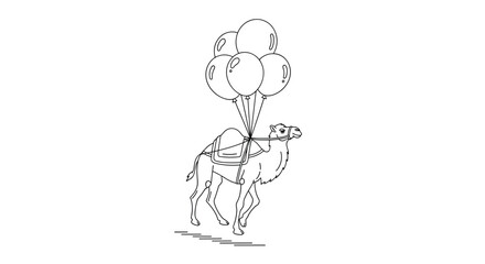 Obraz premium Playful line drawing shows a dromedary camel carrying a bunch of large balloons on its back while walking across a white background space.