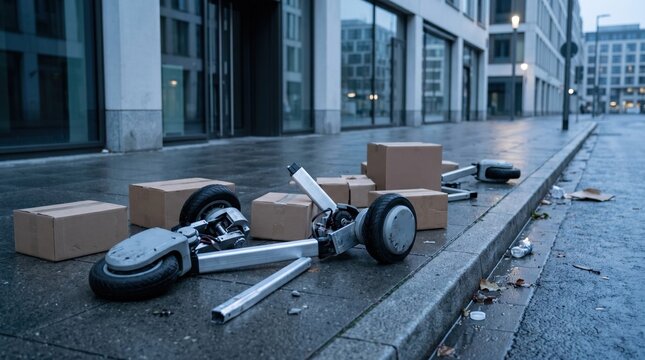 Broken robot limbs and scattered parcels on city sidewalk crash concept