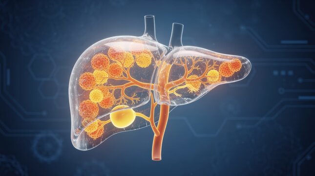 Transparent 3D illustration of a human liver showing the internal bile ducts and gallbladder with a digital background.