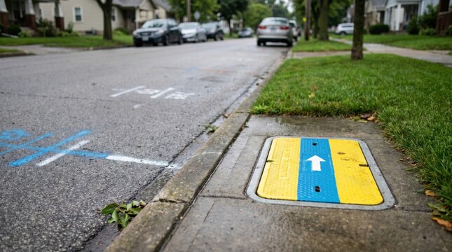 Municipal valve box with bright utility markings beside quiet city street