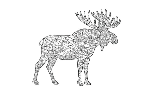 Silhouette of a moose is filled with intricate floral patterns and decorative motifs in a creative black and white zentangle art style.