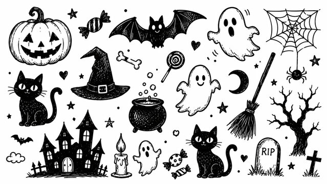 Set of black halloween icons with pumpkin ghost bat cat and witch hat